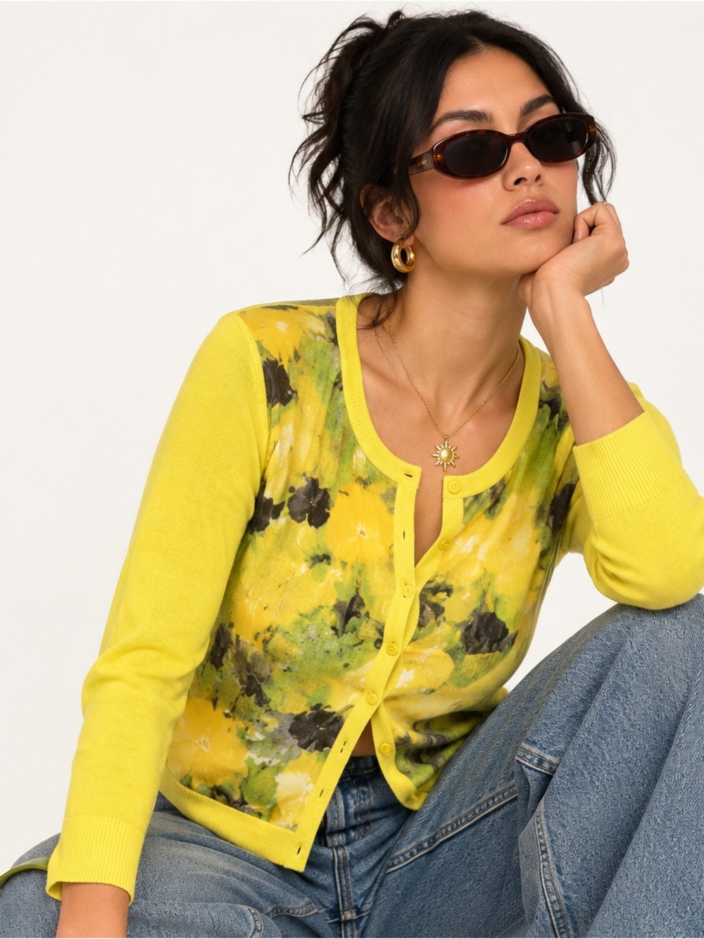 New York & Company Yellow Watercolor Floral Cotton Cardigan